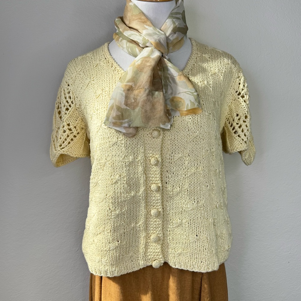 French Countryside Charm Butter Yellow Knit Cardigan Sweater Bows Vintage - Picture 6 of 13